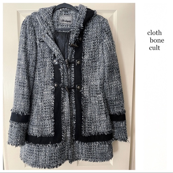 GUESS Woven Black & White Hooded COAT (EUC) - Picture 1 of 16